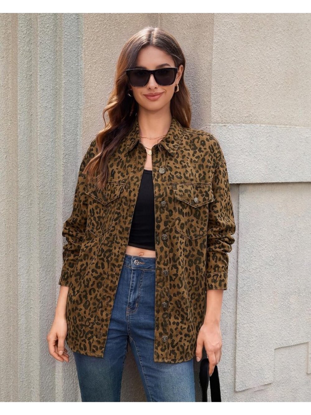 Women's Brown Cheetah Print Oversized Denim Jean Jacket Casual - Picture 6 of 7
